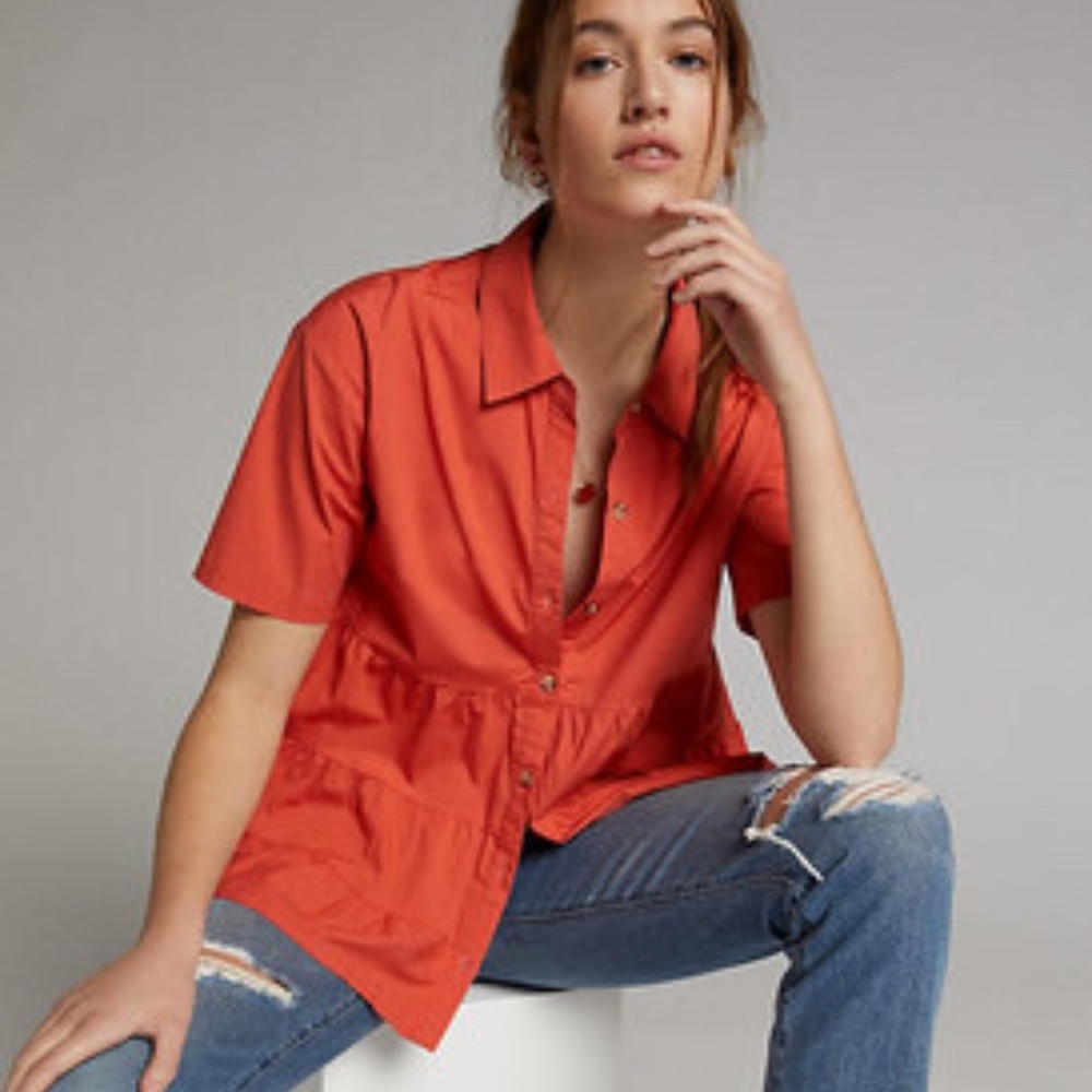 Anthropologie Porridge pink coral orange button up tiered top Large NWOT